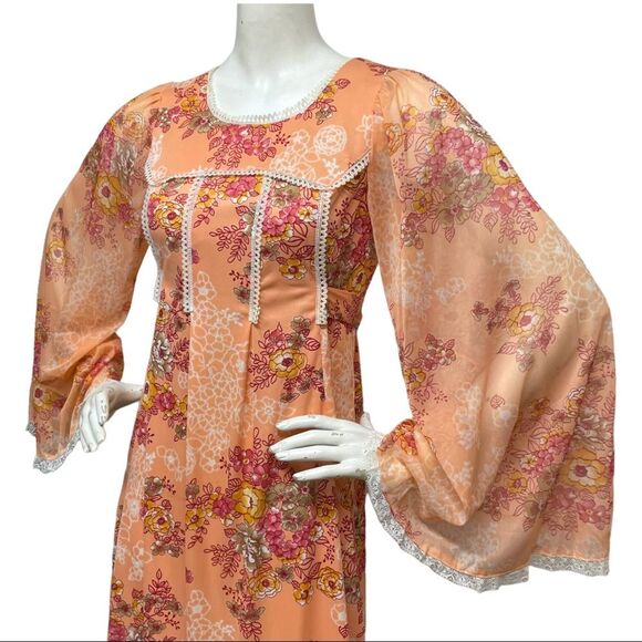 Vintage 70s Peach Floral Lace Trim Maxi Dress Goddess Cottage Core Gown XS S 2 4 - Picture 4 of 16